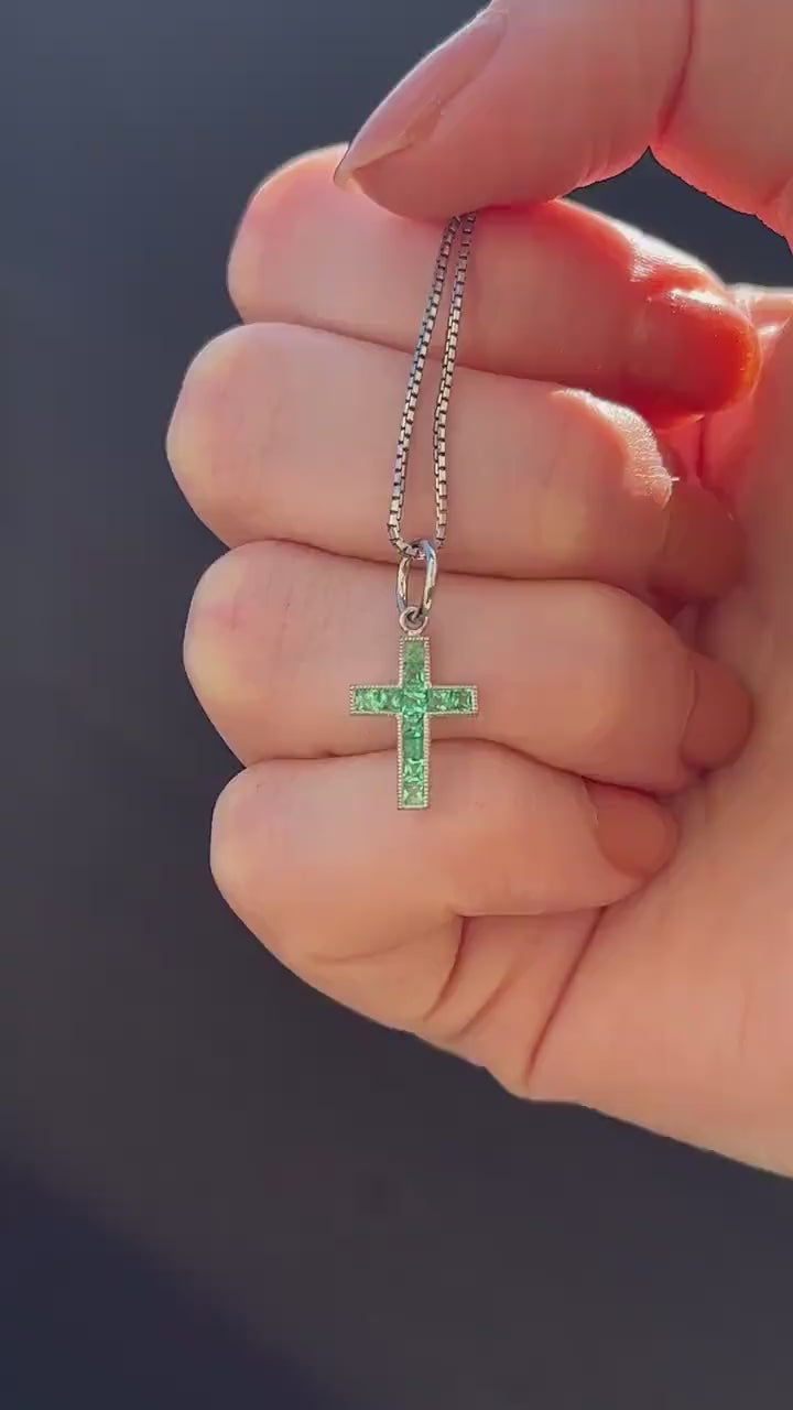 French Cut Emerald Cross Platinum Charm Pendant - 0.40ct