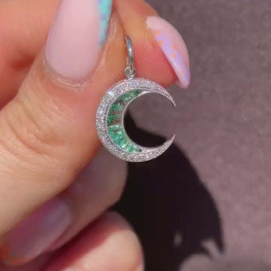Antique Style Diamond and Emerald Crescent Moon Platinum Pendant