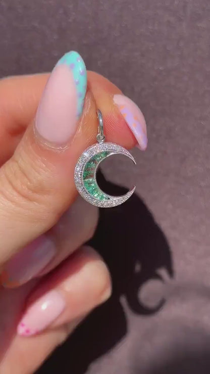 Antique Style Diamond and Emerald Crescent Moon Platinum Pendant