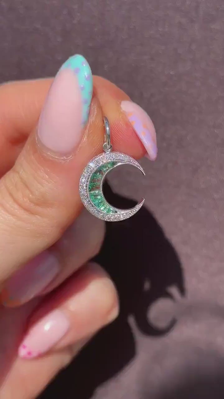 Antique Style Diamond and Emerald Crescent Moon Platinum Pendant