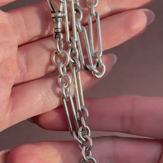 Antique Sterling Silver Trombone Watch Chain with Dog Clips and T Bar | 13.75"