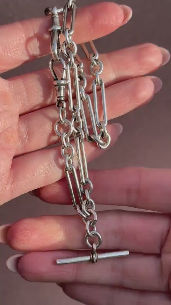 Antique Sterling Silver Trombone Watch Chain with Dog Clips and T Bar | 13.75"