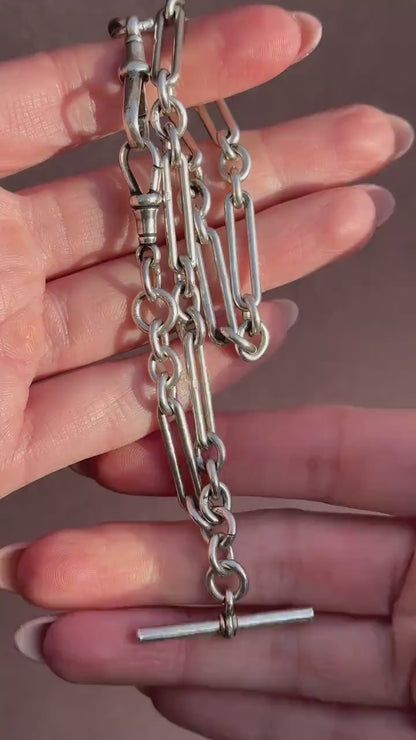 Antique Sterling Silver Trombone Watch Chain with Dog Clips and T Bar | 13.75"