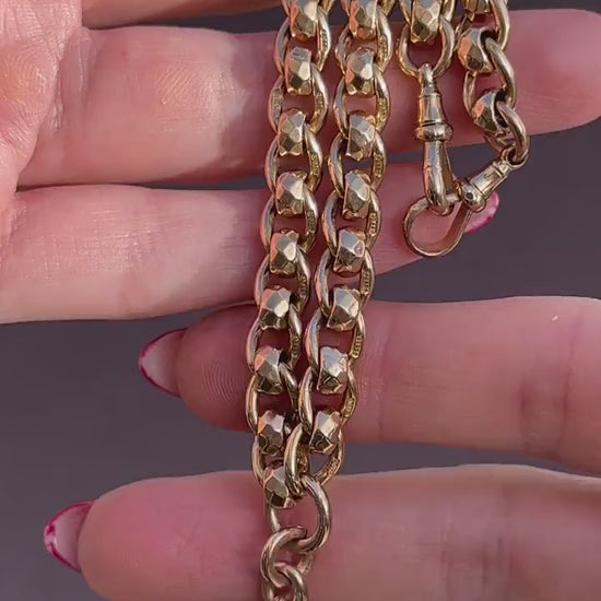 Antique Rollerball 9ct Gold Albert Chain Necklace with T-Bar and Double Dog Clips | 15"