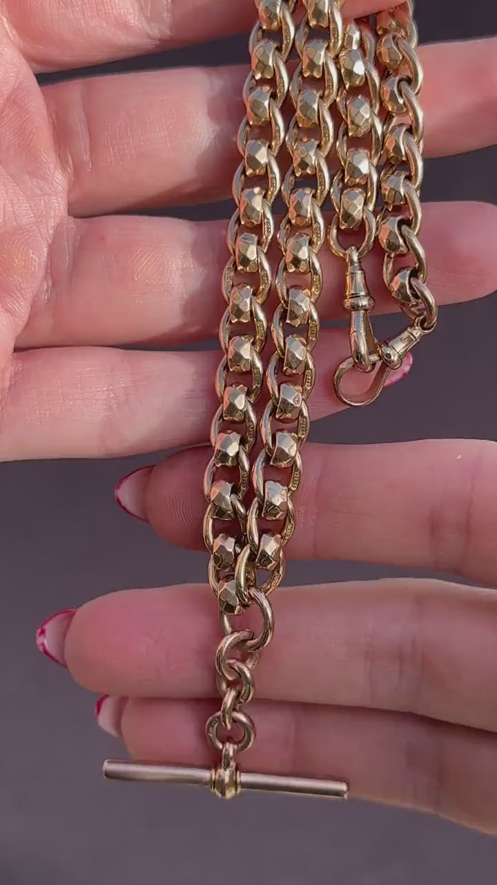 Antique Rollerball 9ct Gold Albert Chain Necklace with T-Bar and Double Dog Clips | 15"
