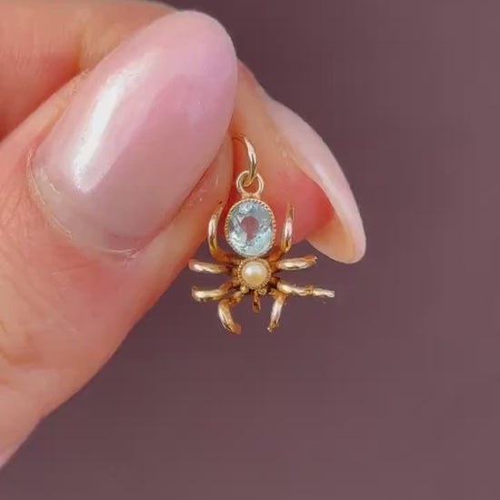 Antique Blue Paste Pearl 9ct Gold Spider Charm Pendant | Edwardian