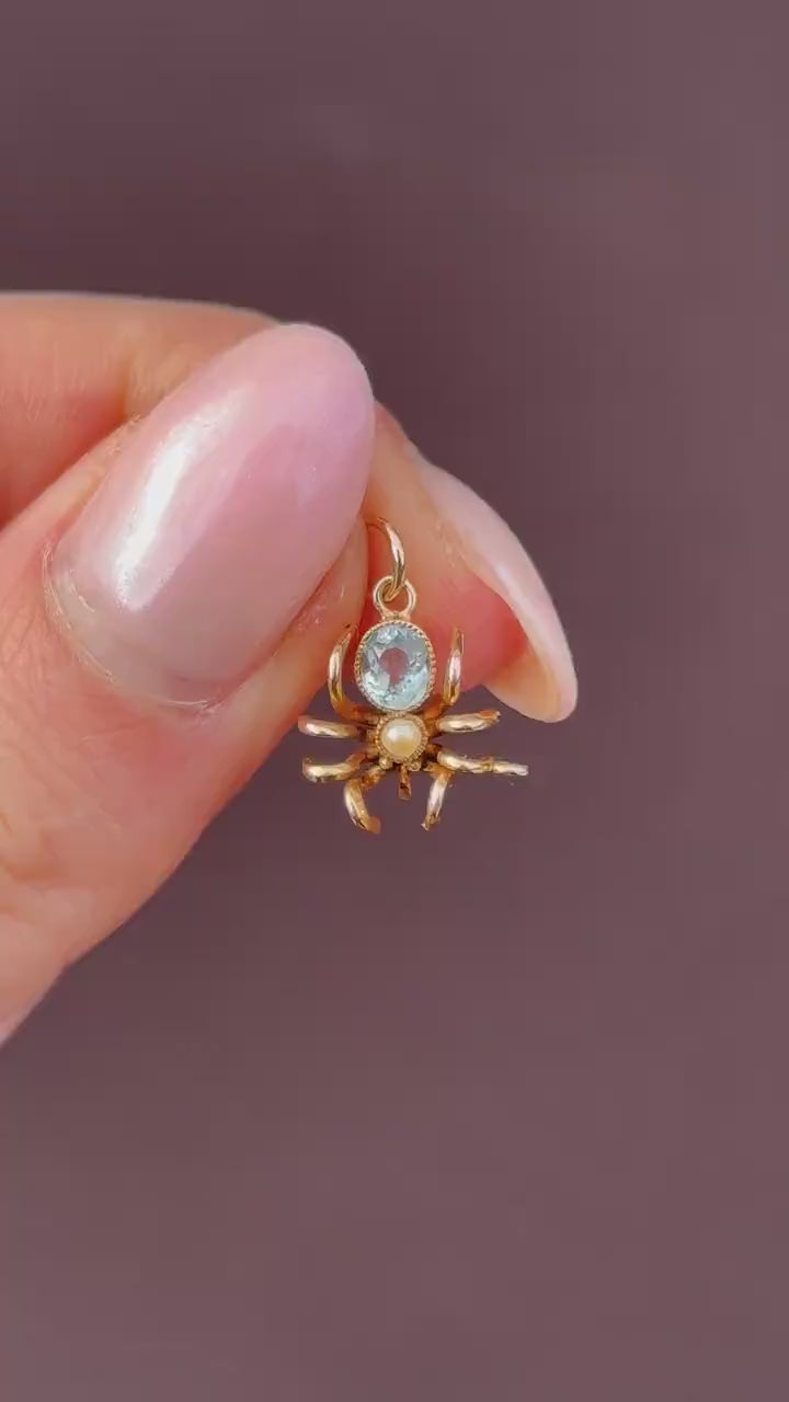 Antique Blue Paste Pearl 9ct Gold Spider Charm Pendant | Edwardian