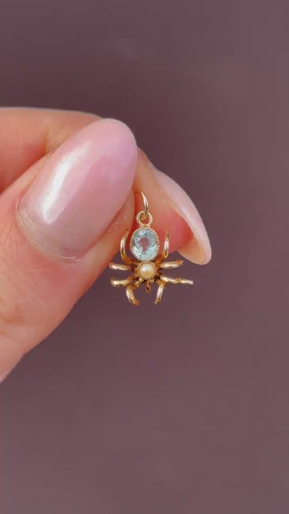 Antique Blue Paste Pearl 9ct Gold Spider Charm Pendant | Edwardian