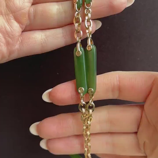 Vintage 14ct Yellow Gold Fancy Link Nephrite Albert Chain Necklace with T Bar | 15.5"