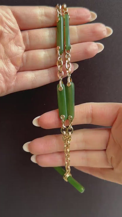 Vintage 14ct Yellow Gold Fancy Link Nephrite Albert Chain Necklace with T Bar | 15.5"