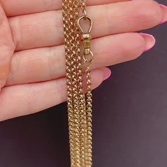 Antique Rolled Gold Faceted Belcher Link Muff Guard Chain Necklace With Dog Clip | 55"