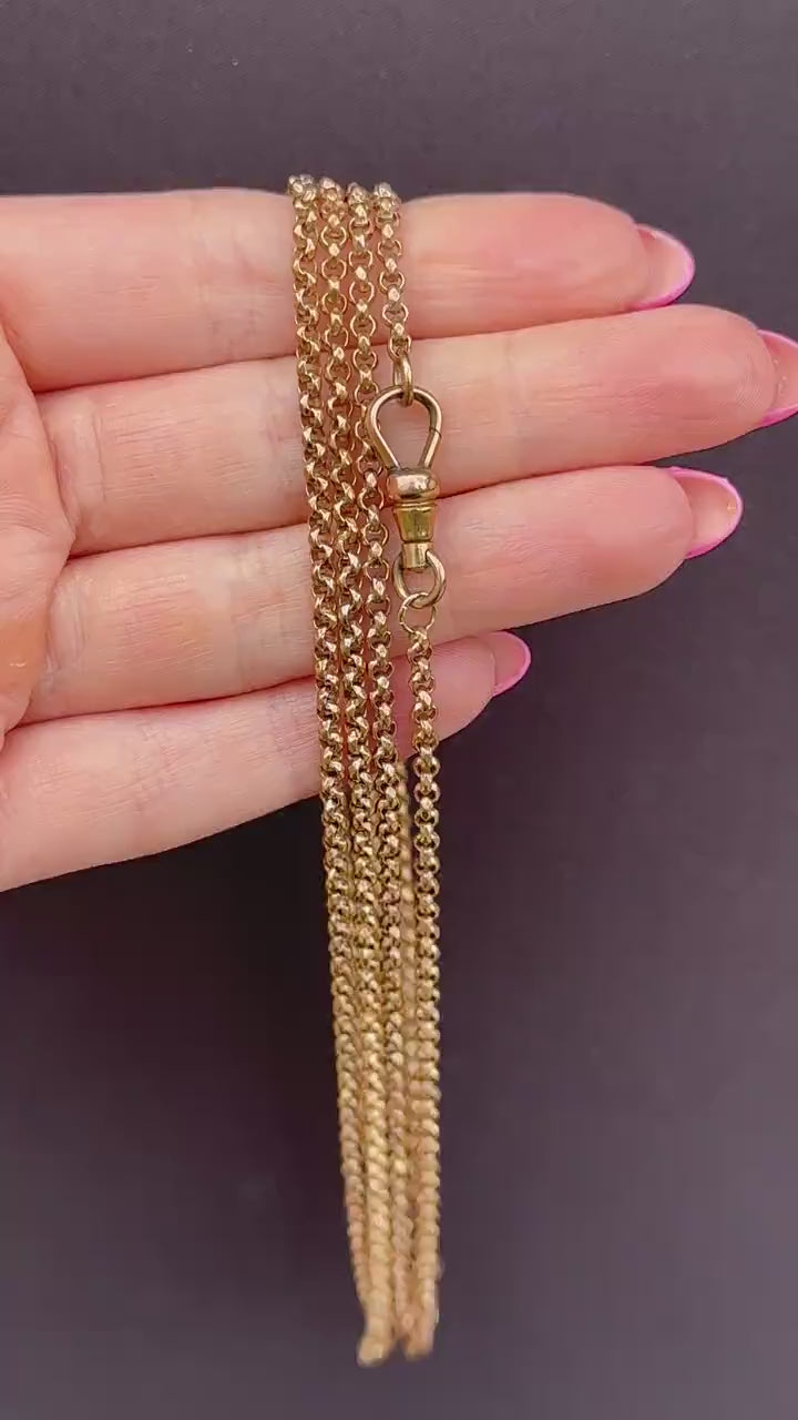 Antique Rolled Gold Faceted Belcher Link Muff Guard Chain Necklace With Dog Clip | 55"