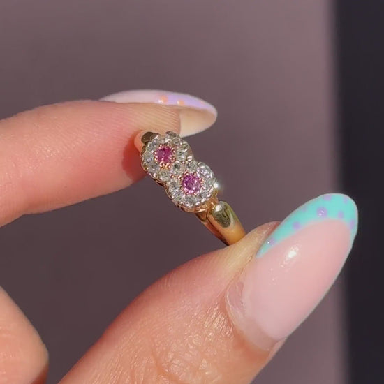 Antique Ruby and Diamond Double Cluster Infinity 18ct Yellow Gold Ring