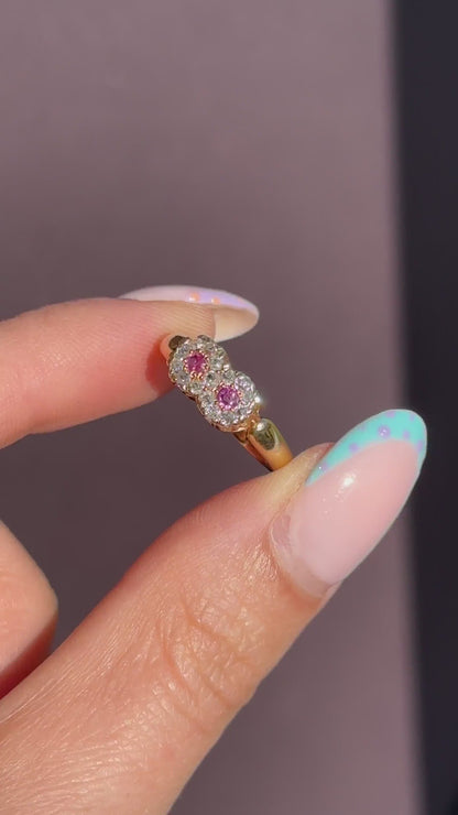 Antique Ruby and Diamond Double Cluster Infinity 18ct Yellow Gold Ring