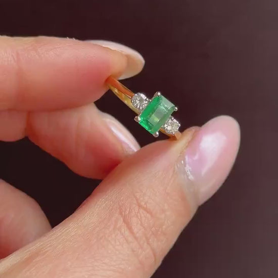 Vintage Emerald and Diamond Three Stone 18ct Gold Ring