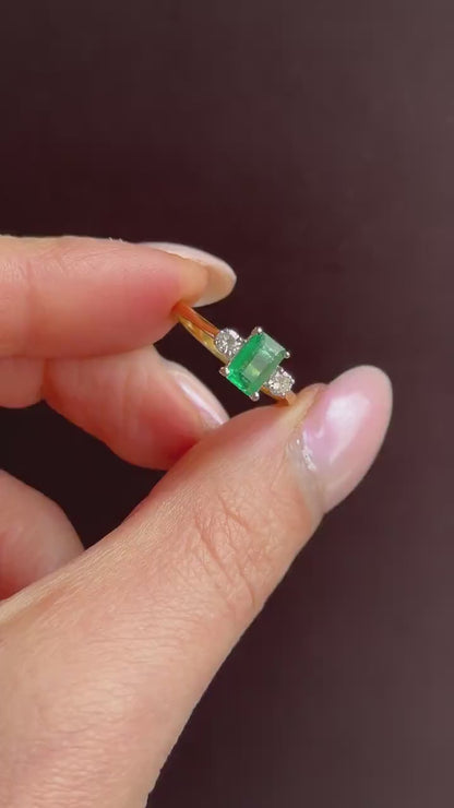 Vintage Emerald and Diamond Three Stone 18ct Gold Ring
