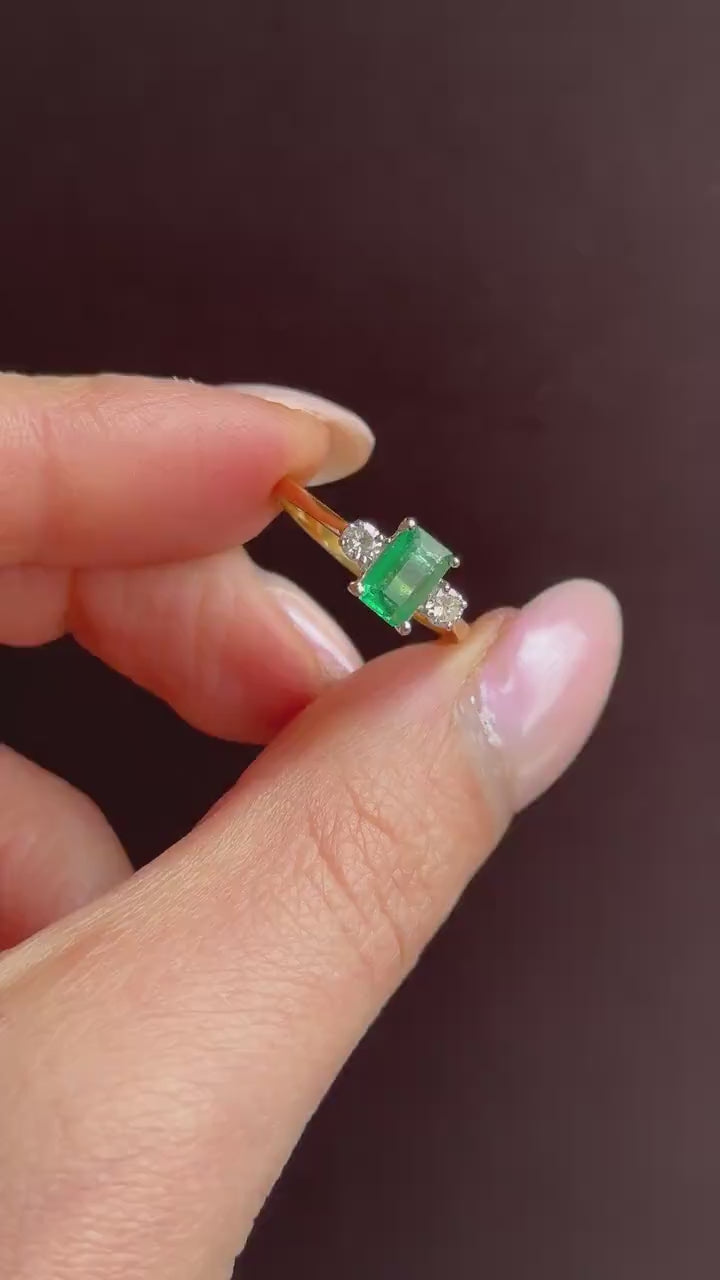 Vintage Emerald and Diamond Three Stone 18ct Gold Ring