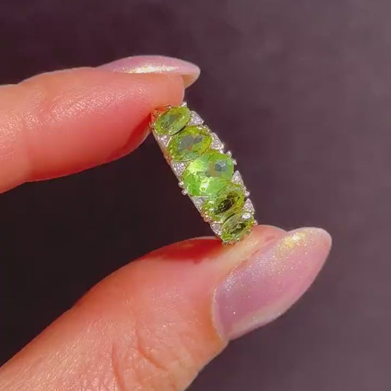 Peridot and Diamond Five Stone 9ct Yellow Gold Scroll Ring Band | Antique Style