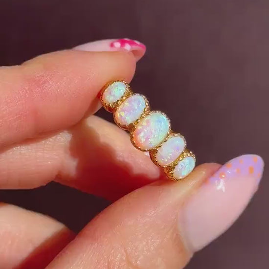 Opal Five Stone Yellow Gold on Silver Ring Band – Antique Style