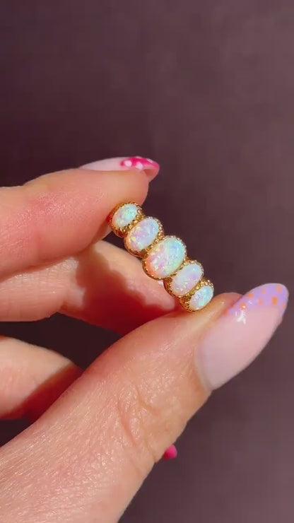 Opal Five Stone Yellow Gold on Silver Ring Band – Antique Style