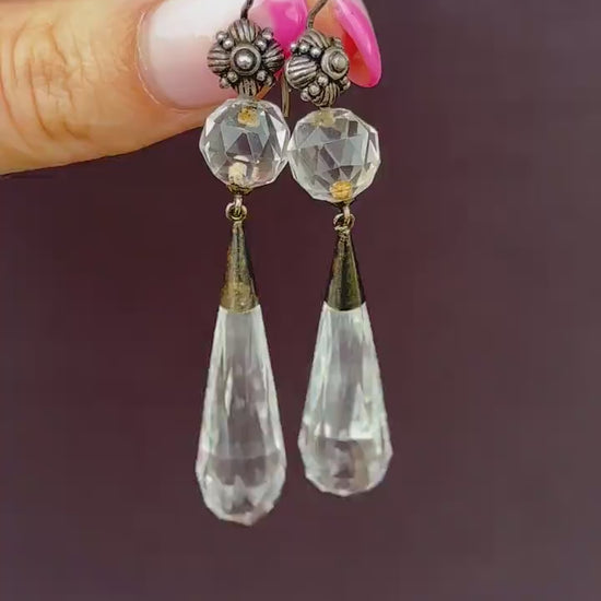 Art Deco Briolette Cut Rock Crystal Sterling Silver Drop Dangle Earrings