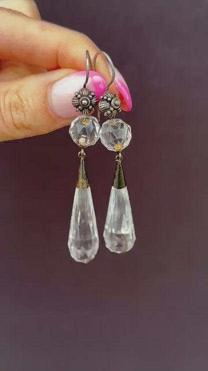 Art Deco Briolette Cut Rock Crystal Sterling Silver Drop Dangle Earrings