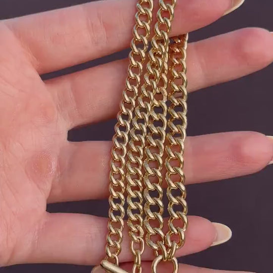 Antique 18ct Rolled Gold Curb Albert Watch Chain Necklace with T-Bar and Double Dog Clips - 17.5"