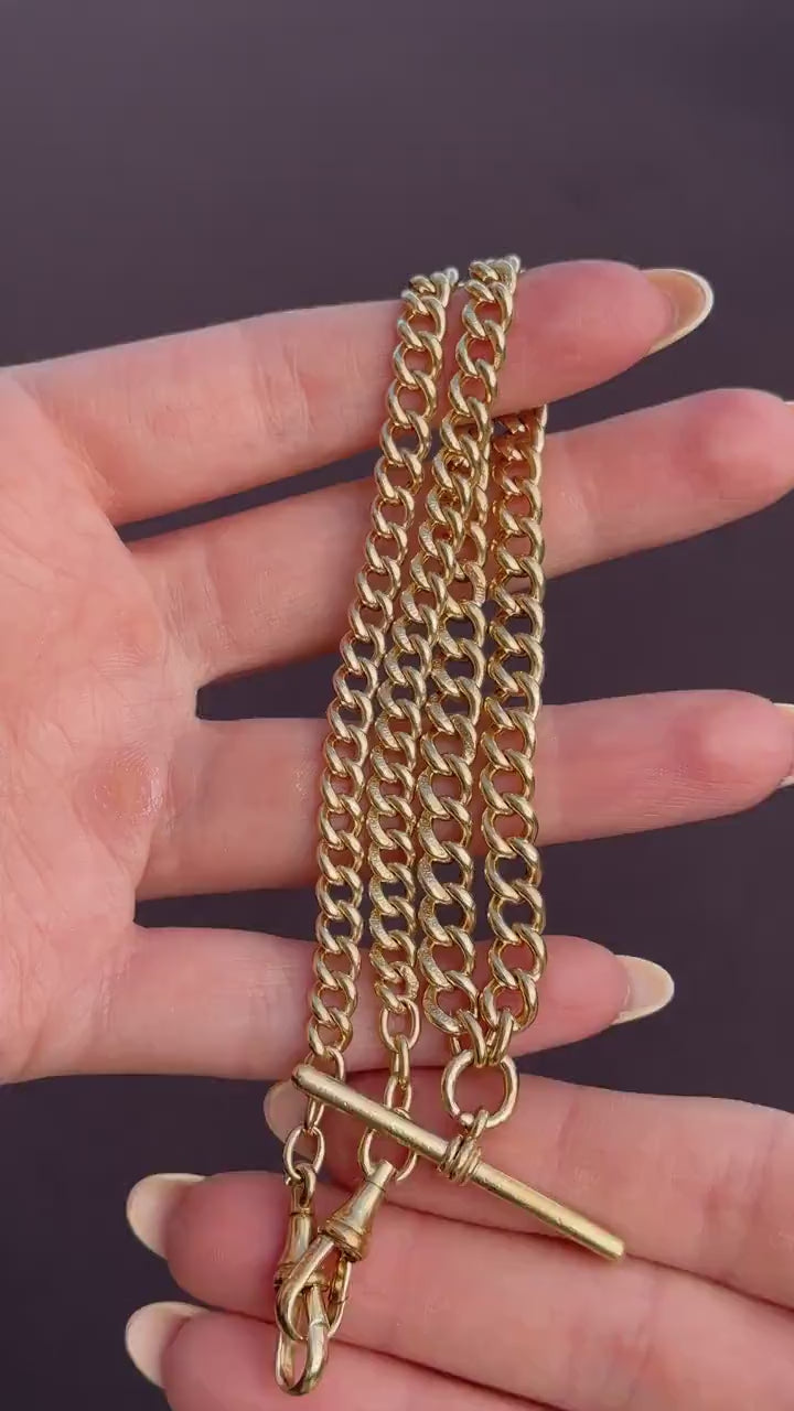 Antique 18ct Rolled Gold Curb Albert Watch Chain Necklace with T-Bar and Double Dog Clips - 17.5"