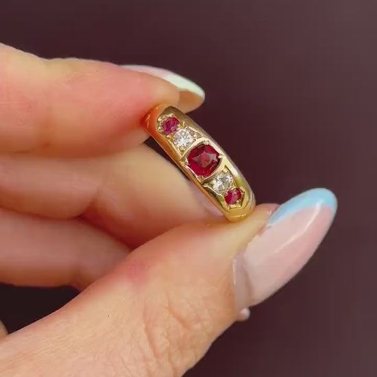 Antique Ruby Garnet and Diamond 18ct Gold Band Ring