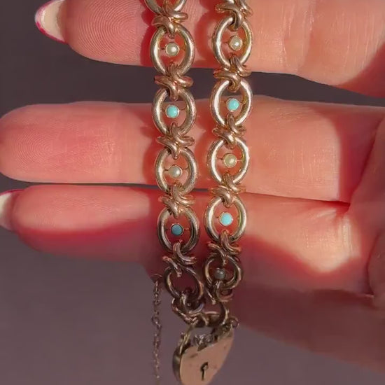 Antique Pearl and Turquoise Rolled Gold Heart Padlock Bracelet