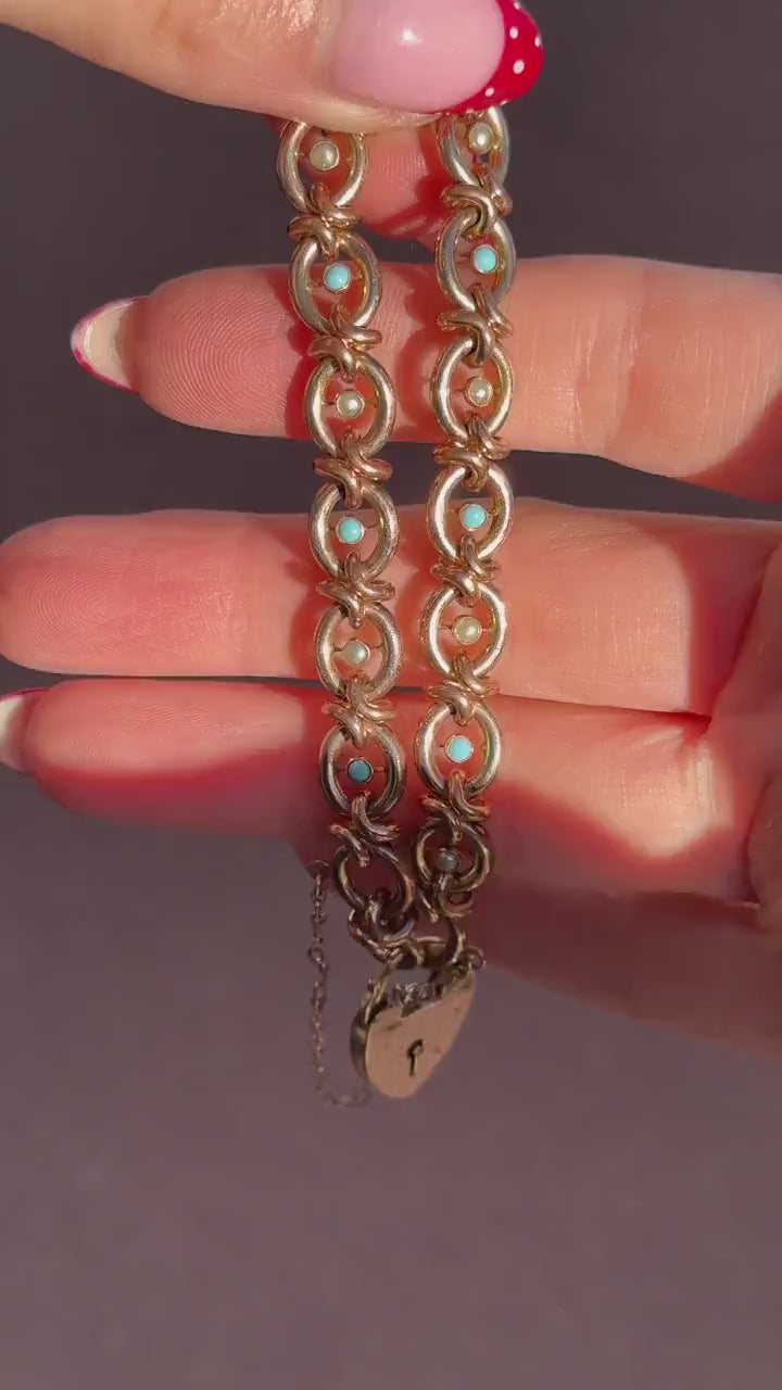 Antique Pearl and Turquoise Rolled Gold Heart Padlock Bracelet