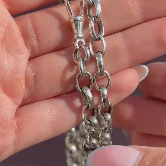 Vintage Sterling Silver Oval Cable Link Chain Necklace with T-Bar and Dog Clips – 32.25"
