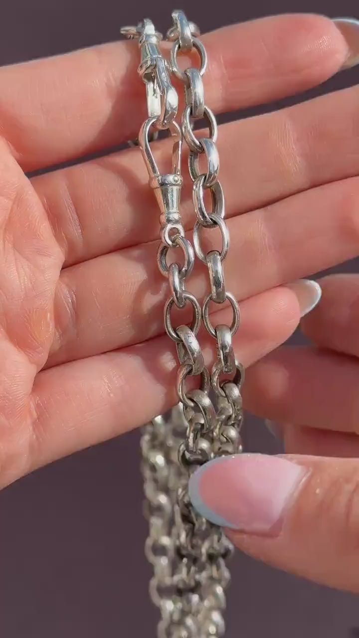 Vintage Sterling Silver Oval Cable Link Chain Necklace with T-Bar and Dog Clips – 32.25"
