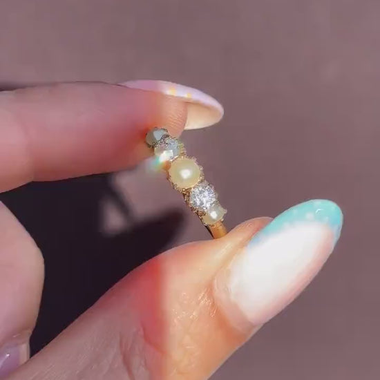 Antique Victorian Pearl and Old Cut Diamond Five Stone 18ct Yellow Gold Ring Band