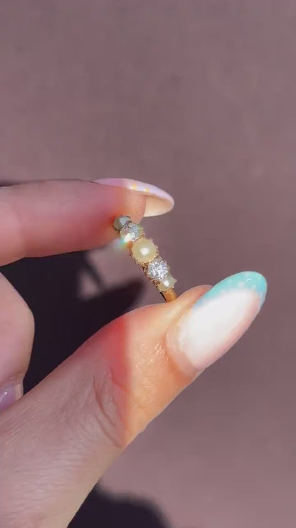 Antique Victorian Pearl and Old Cut Diamond Five Stone 18ct Yellow Gold Ring Band