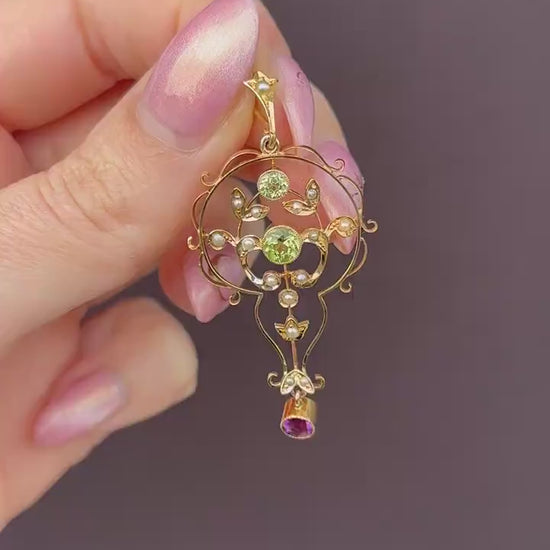 Antique Suffragette Peridot Pearl and Amethyst 15ct Gold Pendant