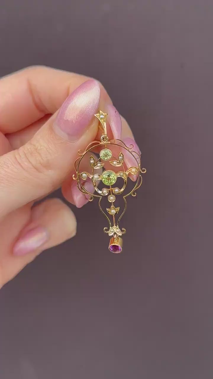 Antique Suffragette Peridot Pearl and Amethyst 15ct Gold Pendant
