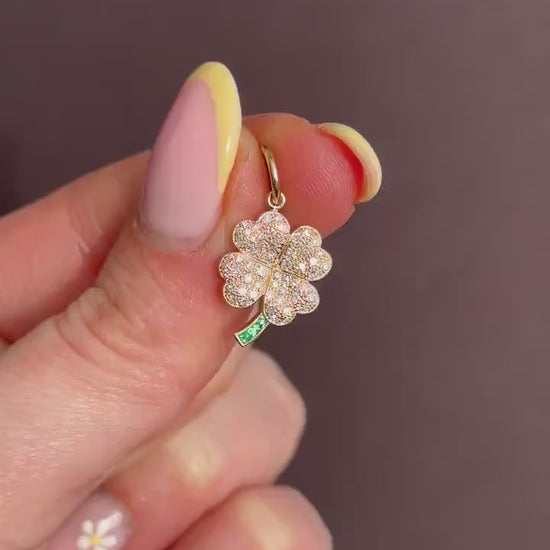 Diamond and Emerald Four-Leaf Clover 18ct Gold Charm Pendant