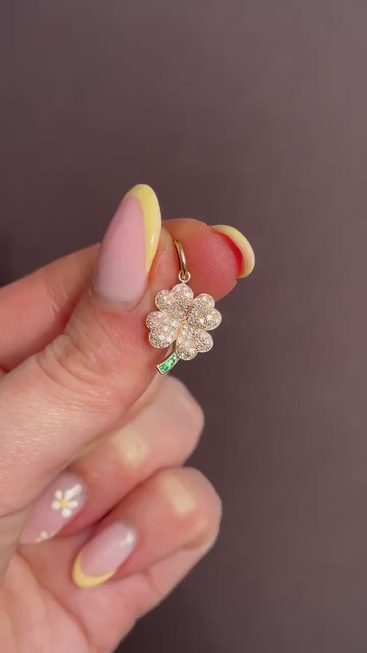 Diamond and Emerald Four-Leaf Clover 18ct Gold Charm Pendant