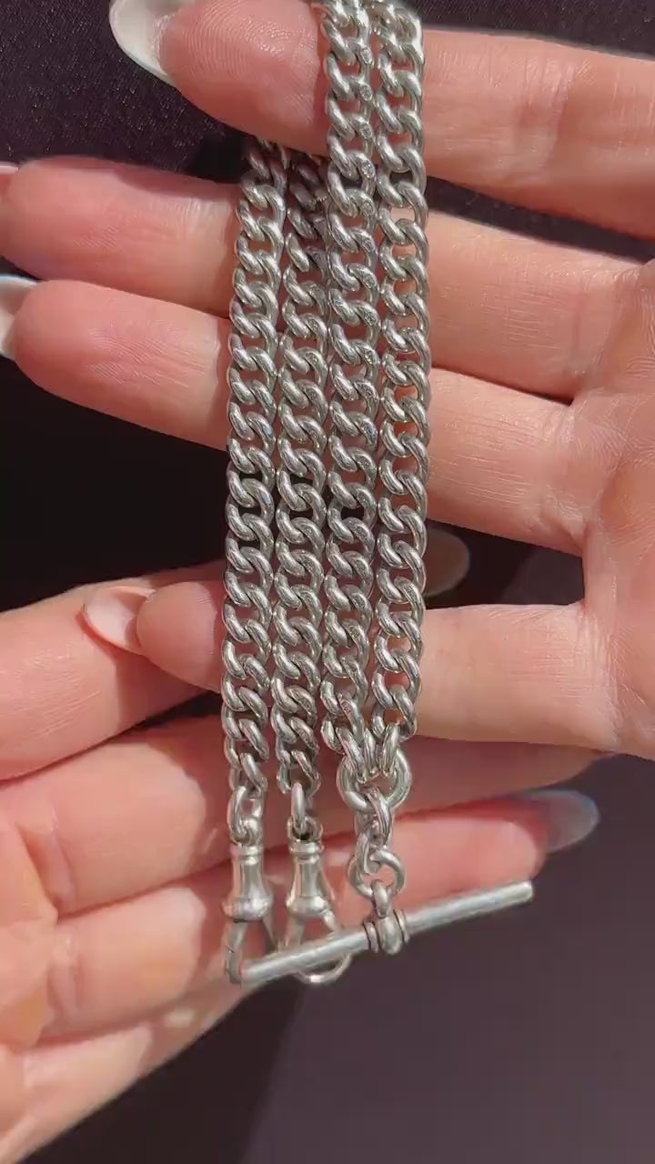 Antique Sterling Silver Curb Link Albert Watch Chain Necklace – 17.25"