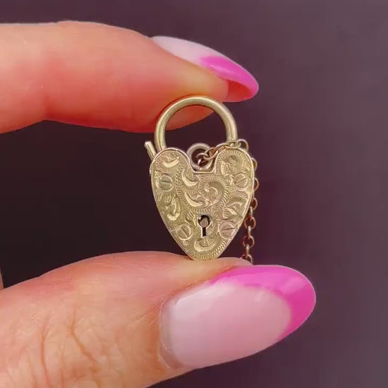 Vintage 9ct Gold Engraved Heart Padlock Charm Pendant