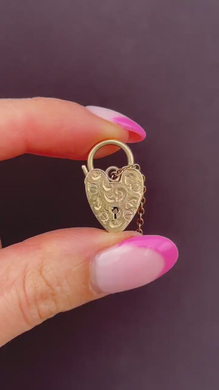 Vintage 9ct Gold Engraved Heart Padlock Charm Pendant