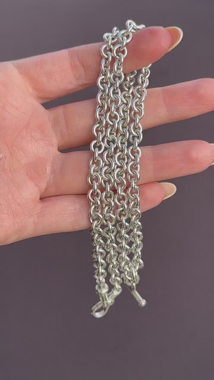 Vintage Sterling Silver Rolo Round Link Watch Chain Necklace with T-Bar and Dog Clips – 21"