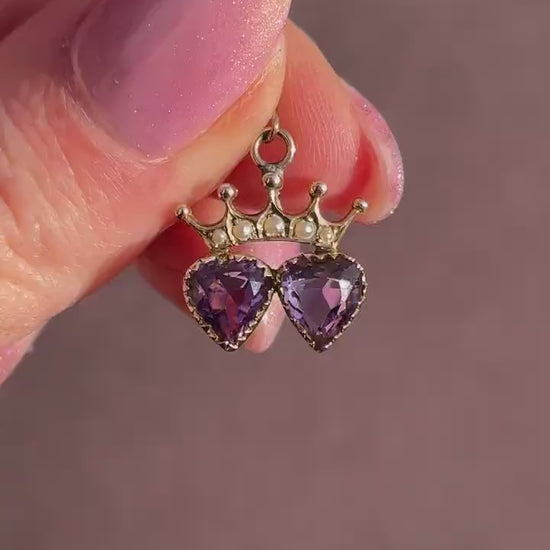 Antique Amethyst and Pearl Double Heart Crown Gold Charm Pendant