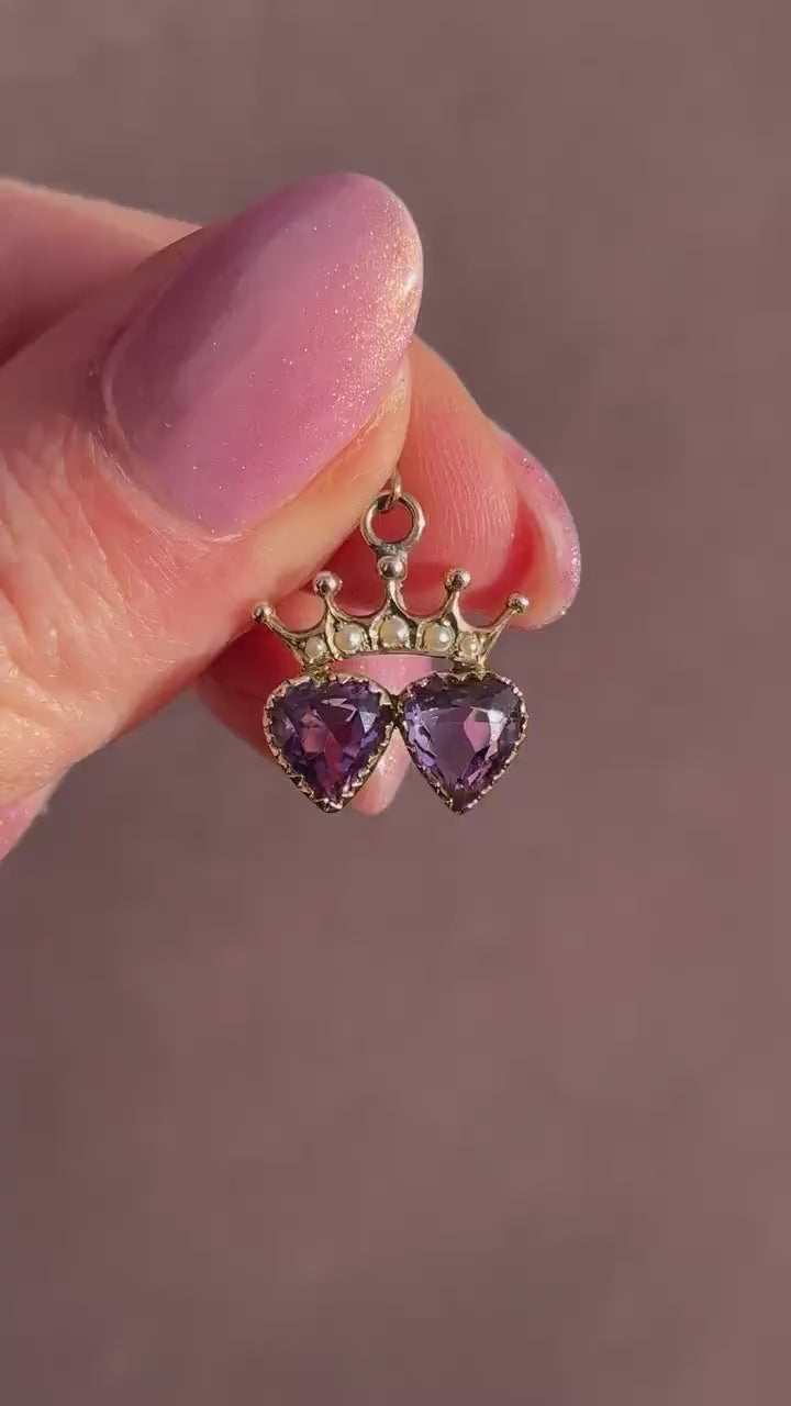 Antique Amethyst and Pearl Double Heart Crown Gold Charm Pendant