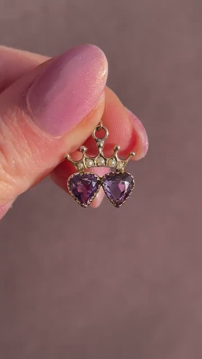 Antique Amethyst and Pearl Double Heart Crown Gold Charm Pendant