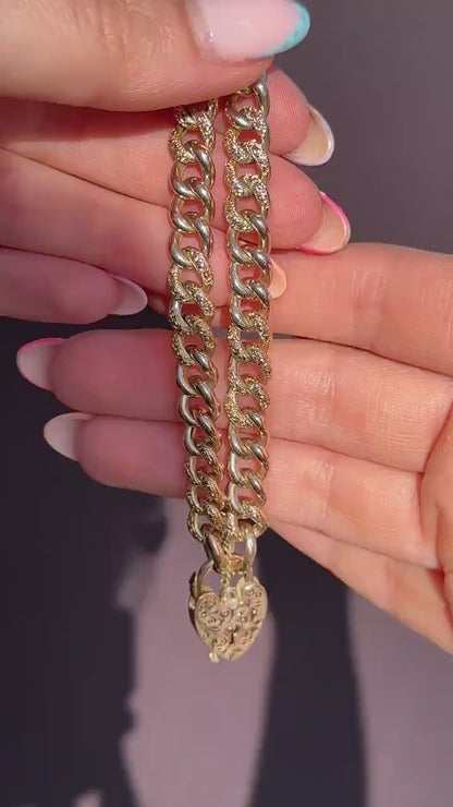 Antique Engraved Heart Padlock Fancy Curb 9ct Gold Bracelet 7"