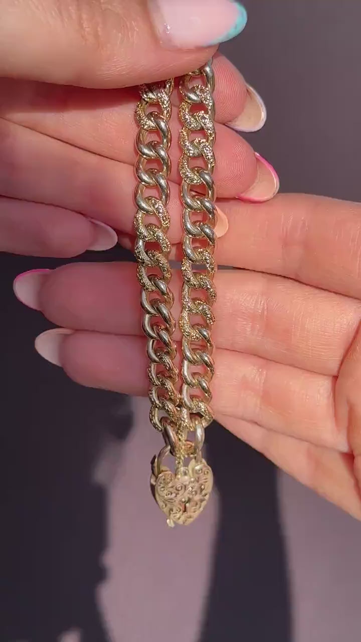 Antique Engraved Heart Padlock Fancy Curb 9ct Gold Bracelet 7"