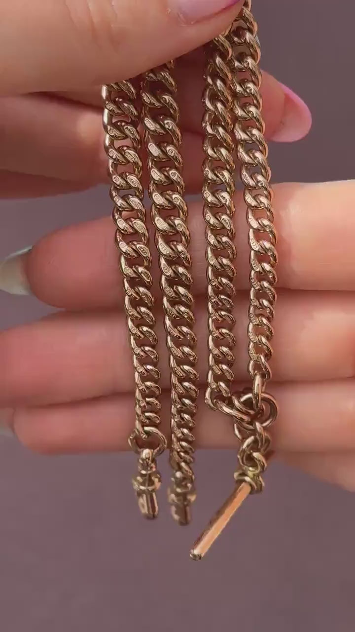 Antique 15.75" 9ct Gold Double Dog Clip Albert Curb Watch Chain Necklace