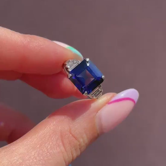 Art Deco Blue Sapphire Sterling Silver Coctail Dress Ring | Antique Vintage